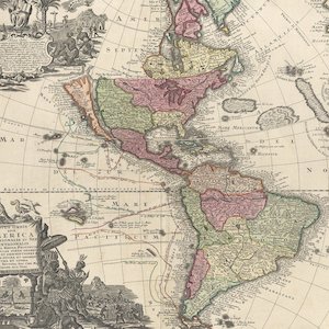 Old color map of north and south America, with a distorted view of North America.