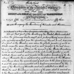 The first page of the Kansas-Nebraska Act, titled An Act to Organize the Territories of Nebraska and Kansas and passed by the thirty-third Congress of the United States