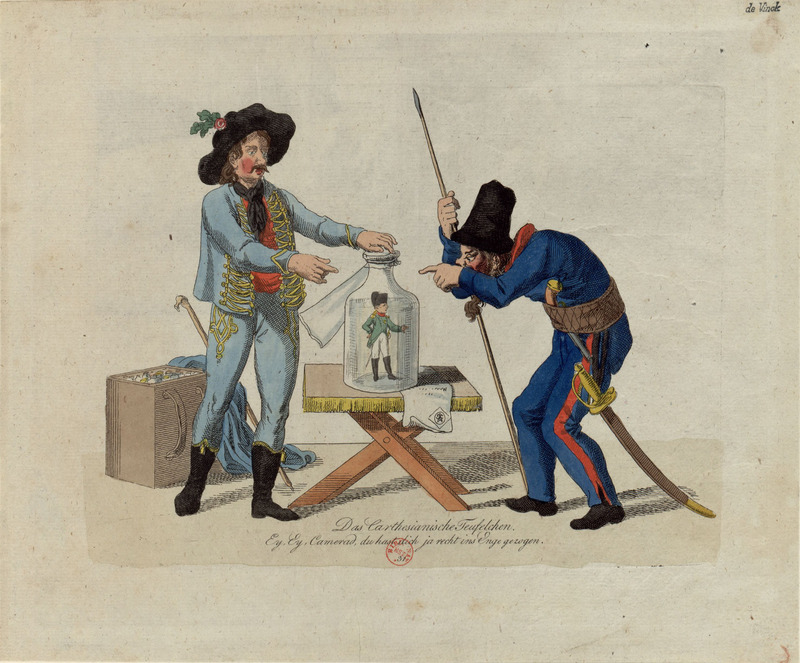 Cartoon of two men looking at Napoleon in a glass cage 