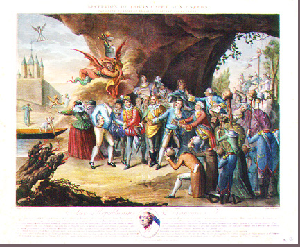 Color engraving of King Louis XVI entering hell
