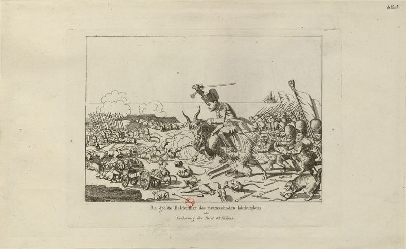Cartoon of Napoleon charging into "battle"