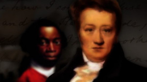 Drawing of two men, with a white man that is presumably Thomas Clarkson in the foreground, and a black man in the background. They are both dressed in colonial-era clothing. 