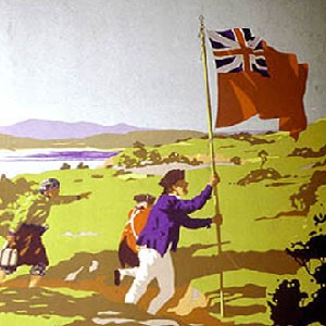 Detail of The Landing of Captain Cook at Botany Bay, 1770  depicted in a 1930s travel poster