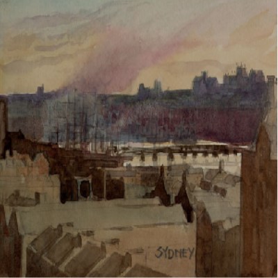 1897 watercolor of Sydney's port looking across the roofs of several buildings towards the harbor and ships