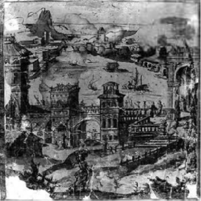 1500s landscape drawing showing a bridge over a river looking on into a harbor