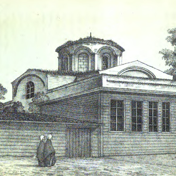A drawing of a building with a dome in the center