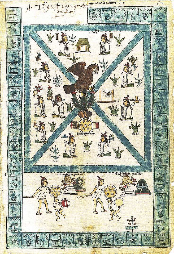 This opening page of the codex depicts the founding of Tenochtitlan on an island in Lake Texcoco, where, it was foretold, the wandering Mexica tribe would find an eagle perched on a cactus growing from a stone. Modern viewers will recognize this allegorical symbol as the central element in the Mexican flag. The crossed bands of clear blue water mark Tenochtitlan as the center of the cosmos. Seated around the eagle amid the plants of the marshy lake are the ten founders of Tenochtitlán, lead by Tenoch.