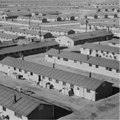Detail of a photograph titled "General view of Granada incarceration camp" show rows of internment housing facilities