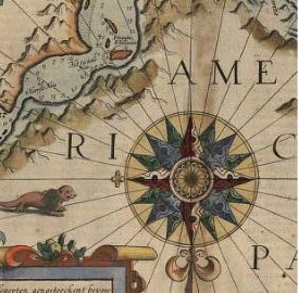 Partial image of a map with a focus on a compass, surrounded by the word 'America'