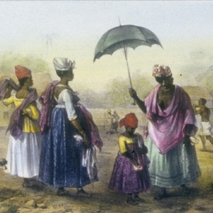 Thumbnail of a painting of three women and a girl watching a patient being carried.