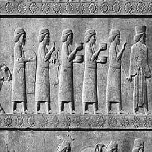 Persepolis - Apadana of Darius (ca. 520 B.C.) - Detail of the middle register of the left side of the eastern stairway, showing foreigners bringing tribute.