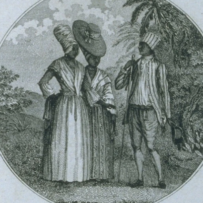 Black and white engraving of free people of colour in Saint Dominigue, two women and a man.