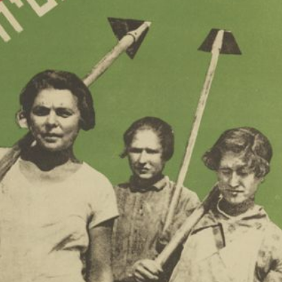Three youth carrying hoes against a green background