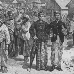 Detail of a print showing a market place titled "Un an en Malaisie" from 1889/1890