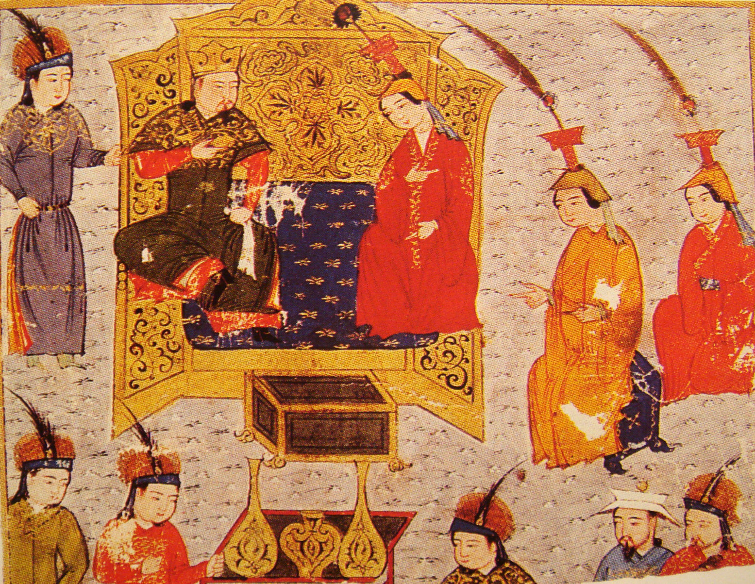 Painting shows king and queen surrounded by others at court