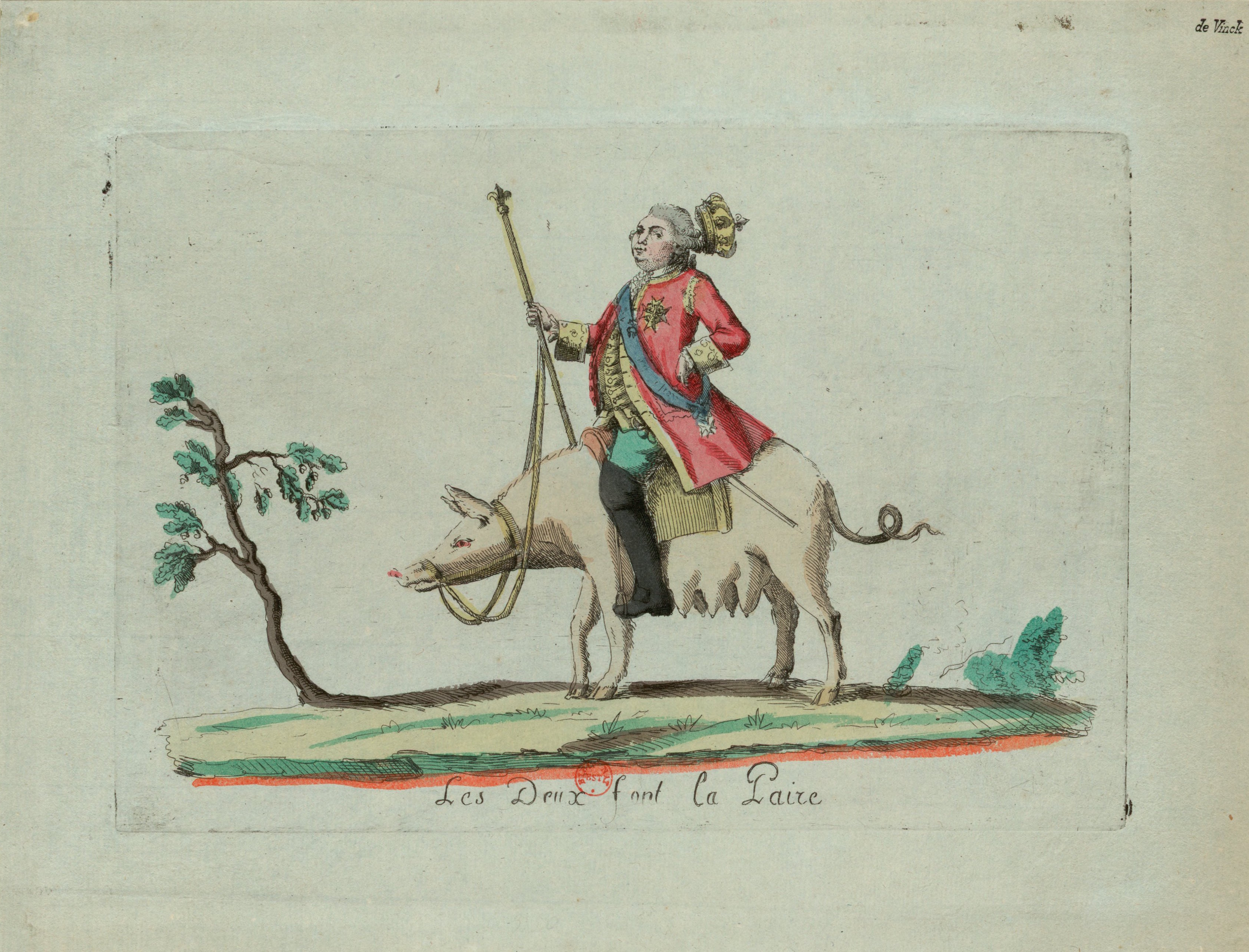 Engraving of King Louis XVI riding a pig