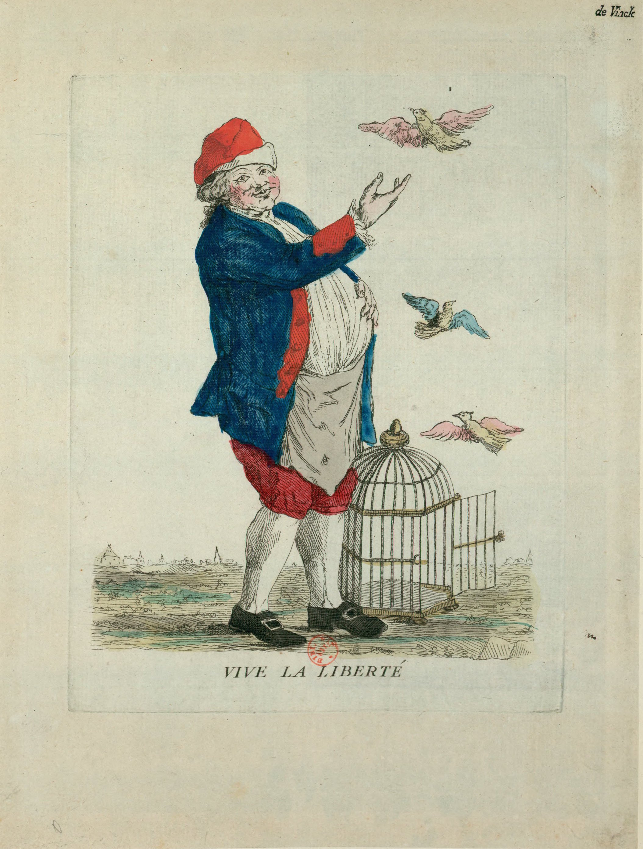 Engraving of King Louis XVI lets birds representing liberty out of a cage