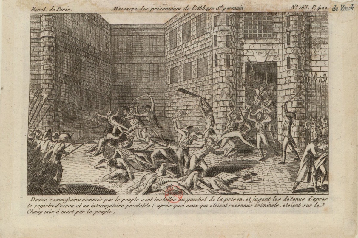 Woodcut print of massacre at Saint-Germain Abbey