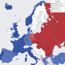 Map of Europe with countries shaded based on membership in NATO, the Warsaw Pact or nonaligned.