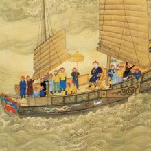 Painting of a Chinese junk at sea with the emperor and several functionaries on deck